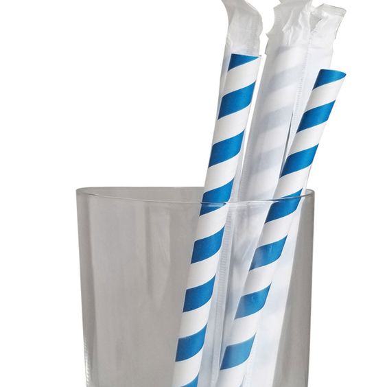 Sky Blue Striped Giant Paper Straws! Regular 7.75” Length, Wide 8mm (0.31”) Diameter. Great for Milkshakes & Smoothies!